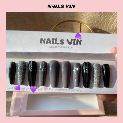 Kuku Palsu Panjang PRESS ON NAIL Handmade Abu abu Fake Nails Art Korea Kuku Pengantin Murah Premium