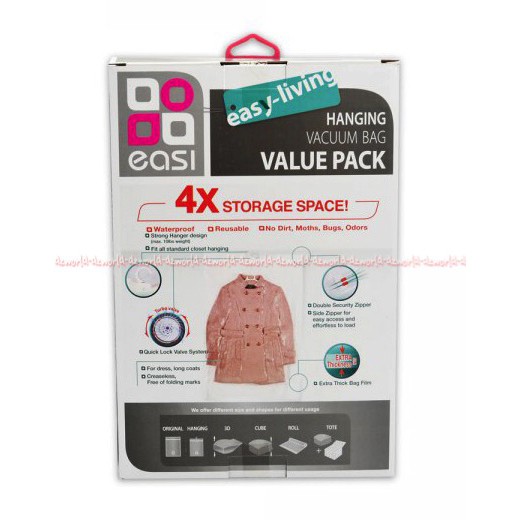 Stora Easi Easy Living Hanging Vacuum Bag Value Pack 2bags Plastik Panjang Hanger Gantungan Untuk Menghemat Tempat Ruang Lemari Baju Pakaian Organizer Cloth