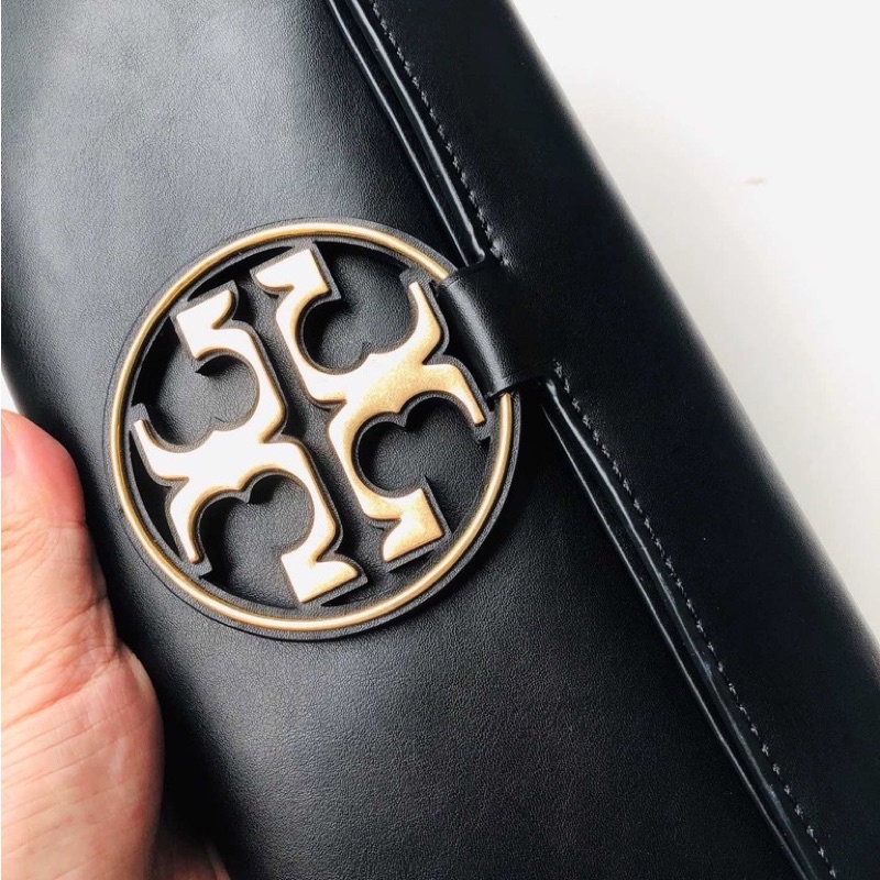 Tory Burch Clutch Hand Bag Black Gold Logo TB 062