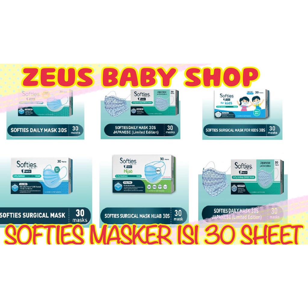 Masker Softies Isi 30 Sheets Daily Mask Earloop Hijab Anak Kids Masker Wajah 3 fly