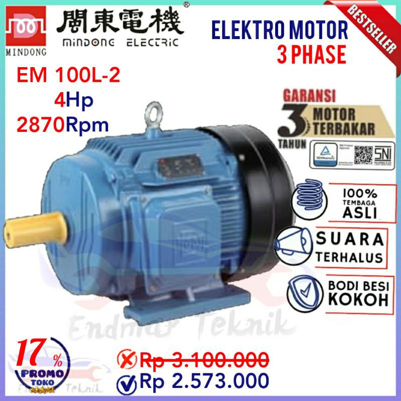Dinamo elektro motor 3 phase 4 hp 4 pk 2870 Rpm Mindong EM 100L-2
