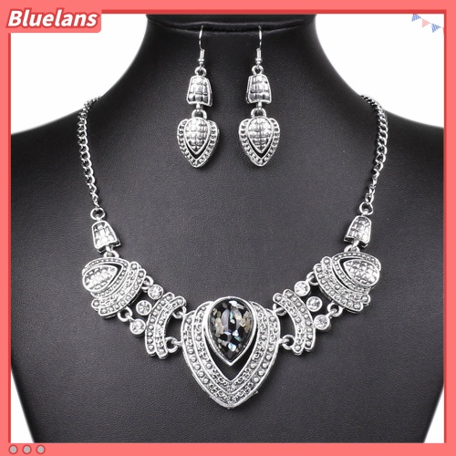 Bluelans Women Vintage Shiny Rhinestone Collar Necklace Earrings Ethnic Jewelry Set