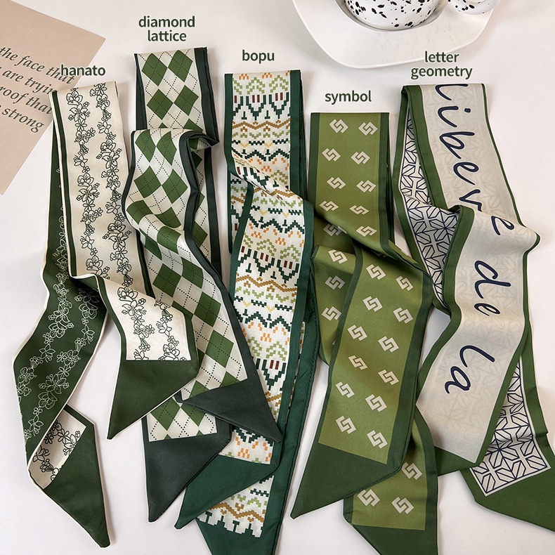 SYAL TWILLY PANJANG VARIAN HIJAU BIRU COKLAT SELENDANG SATIN SILK SCARF LEHER WANITA KOREA AKSESORIS TAS SHAWL GREEN BLUE BROWN COLOR VARIASI MOTIF
