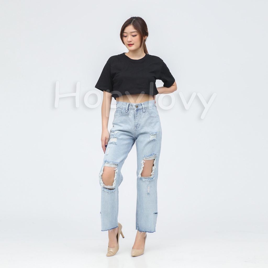 HOPYLOVY Celana Loose Jeans Ripped Boyfriend Jeans Sobek Destroy Wanita Highwaist Adine