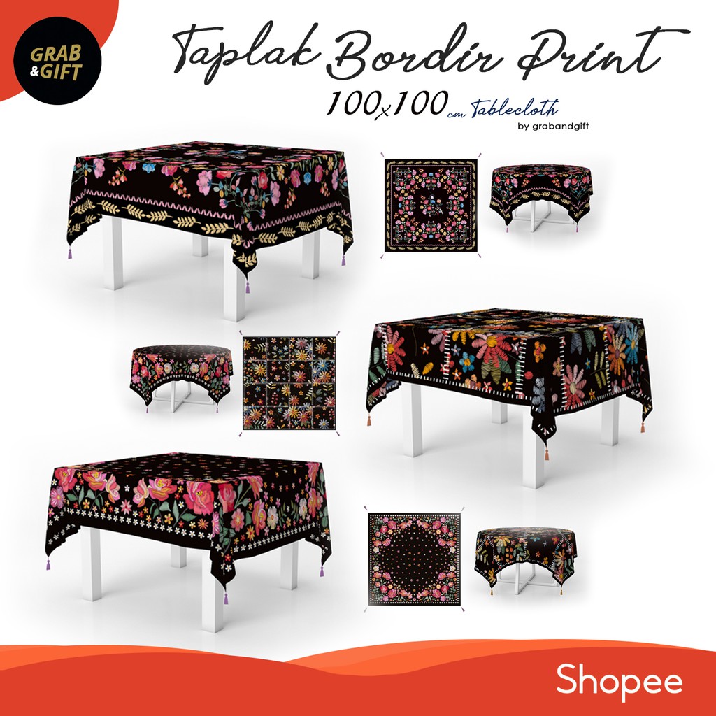 Taplak Meja 100x100 cm Motif Bordir Print Embroidery Floral Meja Kotak &amp; Bulat