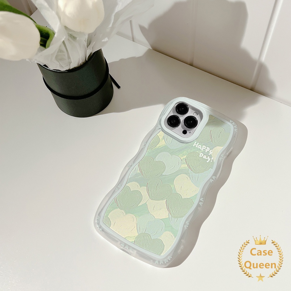 Case Oppo A17 A57 2022 A54 A7 A16 A15 A5s A53 A33 2020 A16s A12 A3s A17K A15s A11K A35 A12e A32 Lukisan Cat Minyak Hijau Love Hati New Wavy Edge Pelindung Kamera Soft Cover