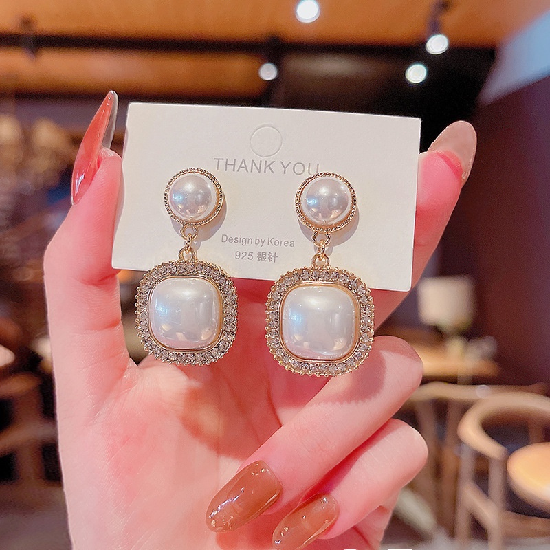 Shuling 925 silver needle Full Diamond Geometric Square Earrings Female Pearl Tassel Earrings Jewelry