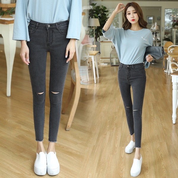  Celana  Panjang Jeans  Denim Slim Stretch Tipis Warna  Hitam  