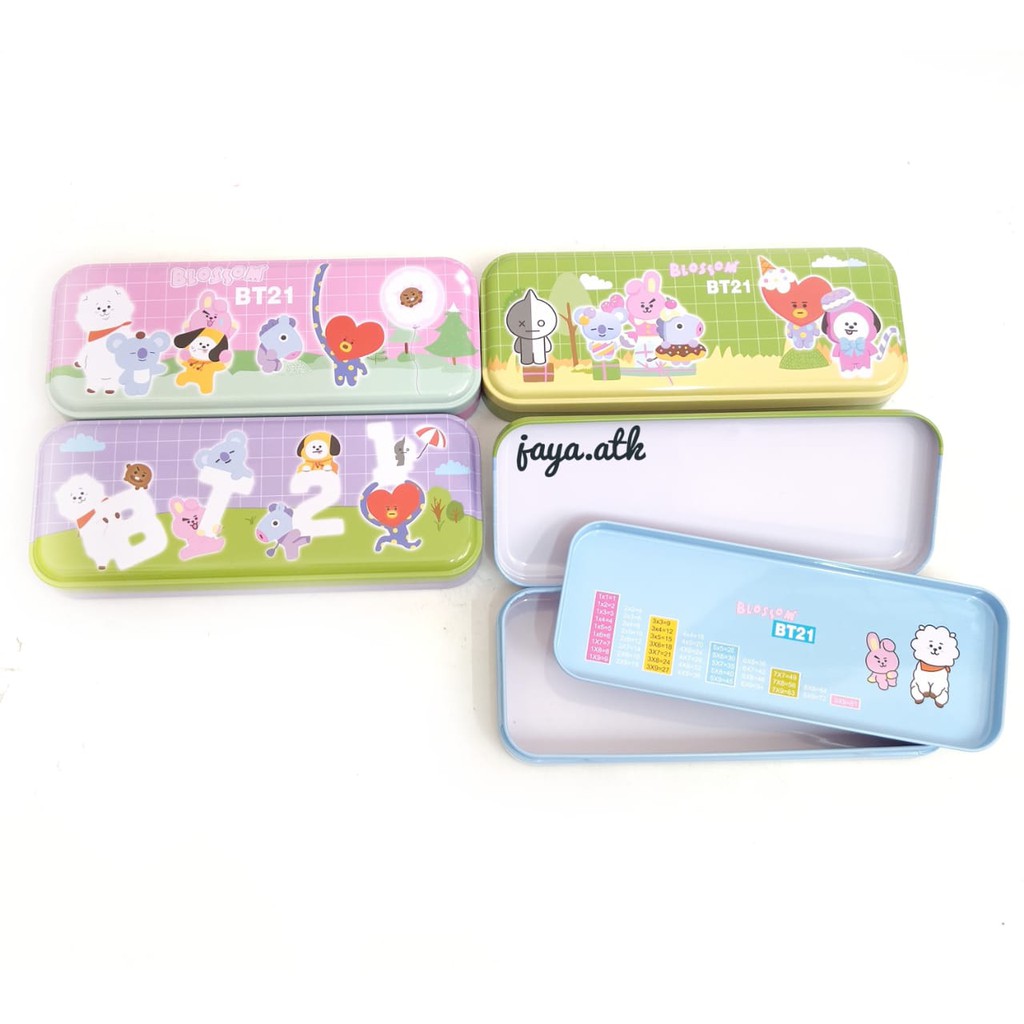 TEMPAT KOTAK PENSIL KALENG 2 SUSUN BTS BT21 KARAKTER ANAK LUCU PEN CASE KALENG BTS