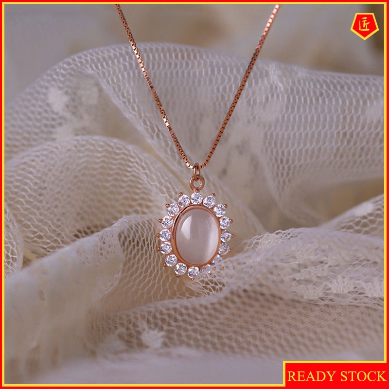 [Ready Stock]Fashion Silver Plated Retro Diamonds Opal Pendant Necklace