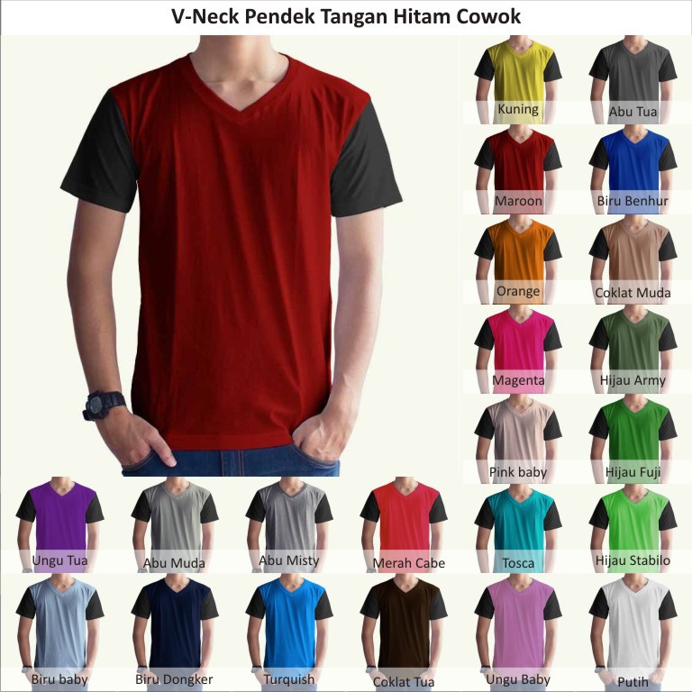 Tshirt / Kaos Polos Vneck Pria / Cowok Tangan Hitam, Combed