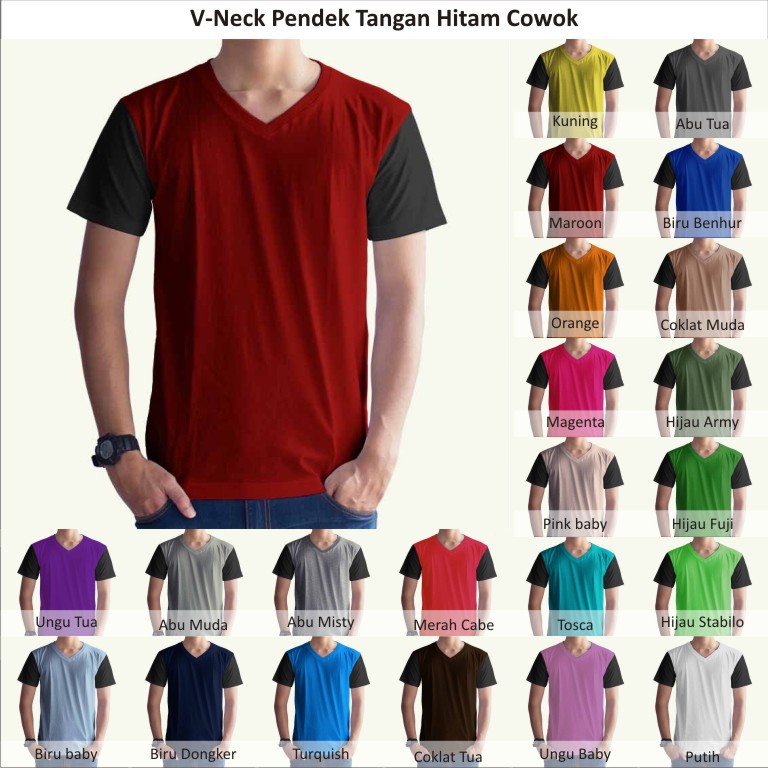 Tshirt / Kaos Polos Vneck Pria / Cowok Tangan Hitam, Combed