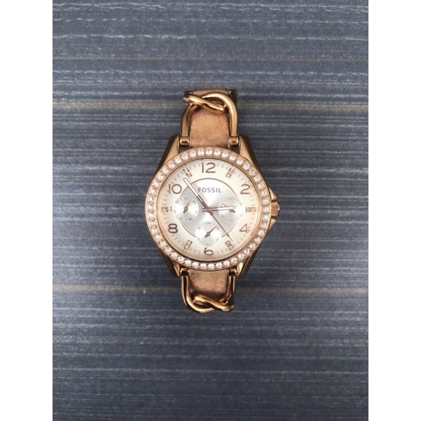 Bekas Second Preloved Fossil Jam Tangan Wanita Analog Original Stainless Steel Rose Gold Kulit