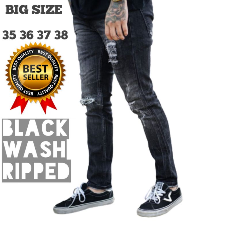 BIG SIZE BLACK WASH SOBEK 35 s/d 38 - Celana jeans pria sobek lutut robek ripped destroy premium grey size 27-332 cut knee