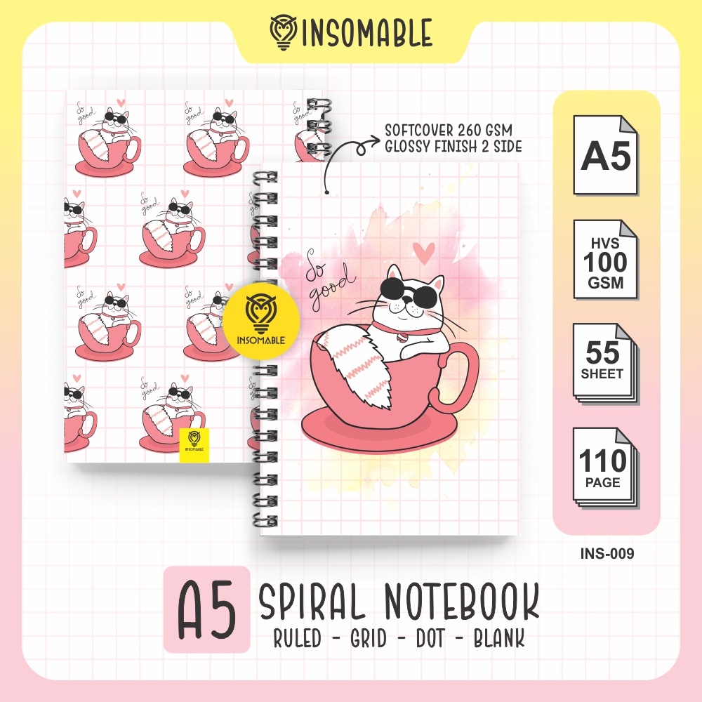 

Spiral Notebook A5, INS-009 Buku Catatan Kucing Lucu, Kawaii Cat Spiral Notebook - A5 isi 50 lembar HVS 100gsm [INSOMABLE]