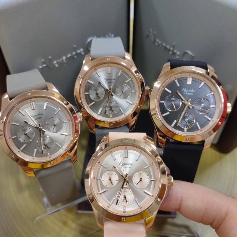 Jam Alexandre Christie AC 2970 BF RRG Wanita Rosegold Karet Abu Tua Hitam Pink Bulat