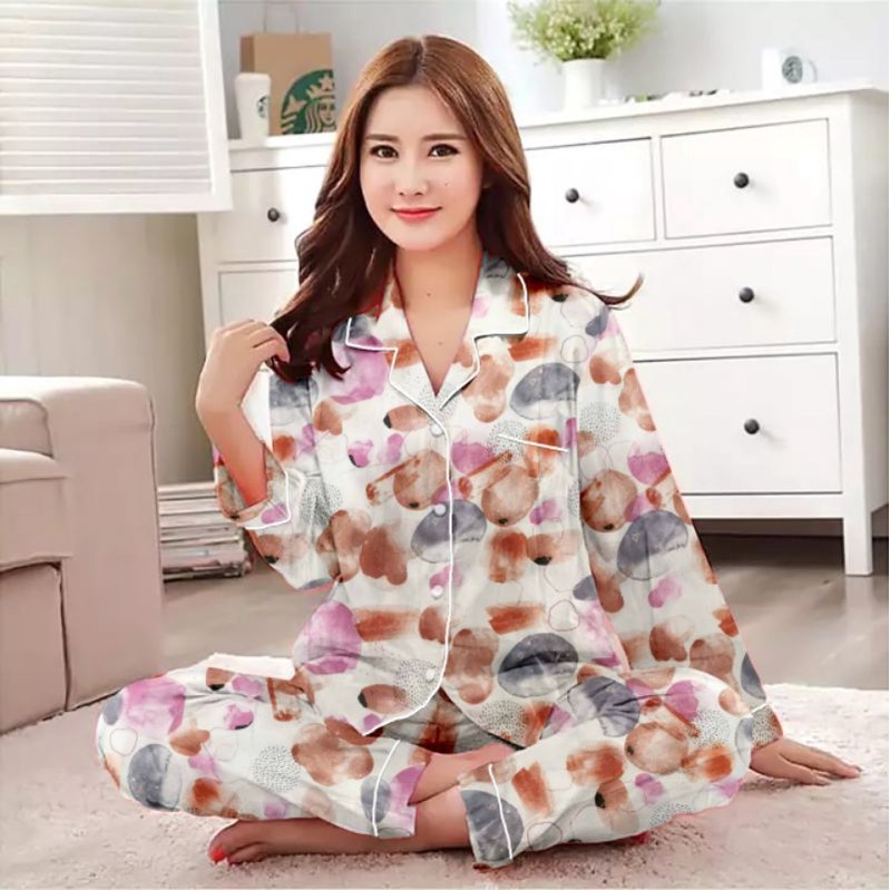 piyama setelan lengan panjang/baju tidur wanita terbaru/setelan wanita katun-Pp new pink