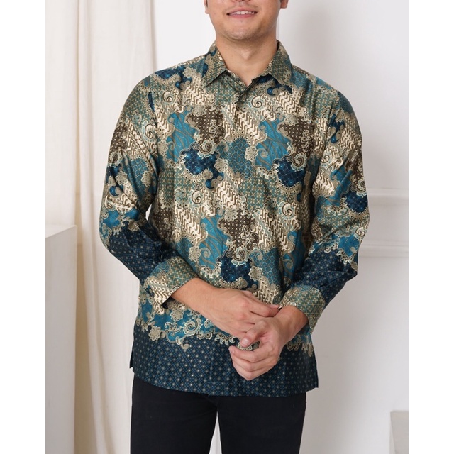 Baju Batik Shirt Satin Pria (Green Mint Tosca Botol Ijo Hijau)