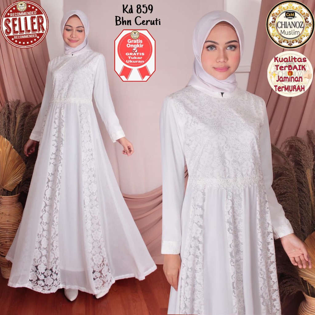 CHIANOZ Gamis Putih Mewah Anisa Dress Brukat Renda Baju Lebaran Umroh Haji Manasik Pesta Akad 859