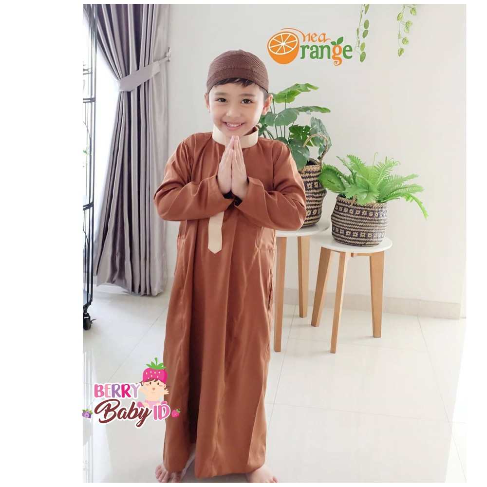 Nea Orange Gamis Velvet Baju Muslim Anak GRATIS Peci Rajut Berry Mart