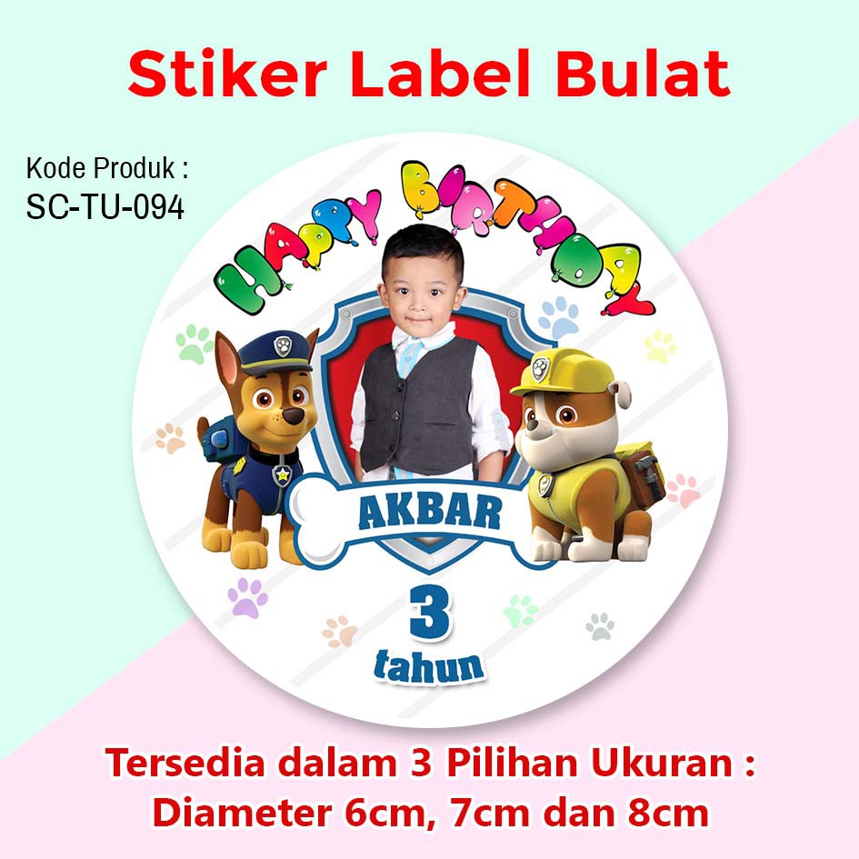 

STIKER LABEL ULANG TAHUN ANAK TUMPENG MINI SOUVENIR PAW PATROL PAKAI FOTO