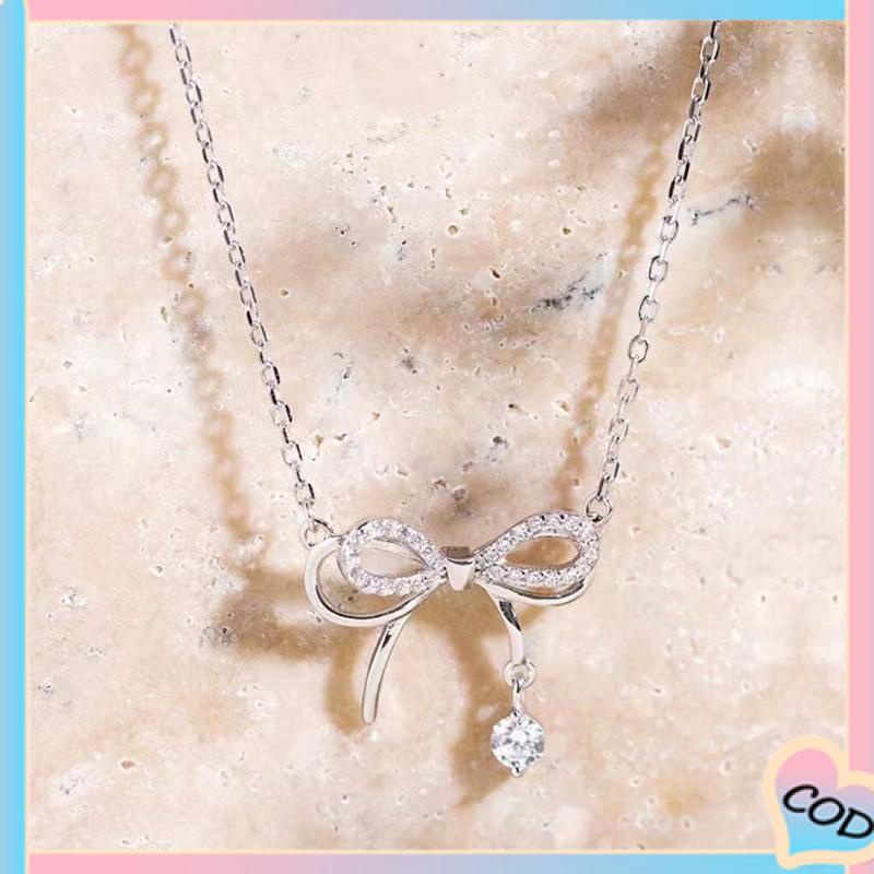 COD❤️ Tiga Dimensi Double-layer Kalung Busur Wanita Cahaya Mewah Niche Water Drop Rantai Tulang Selangka-A.one