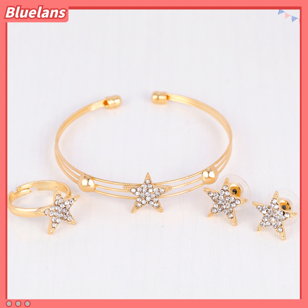 Set Perhiasan Kalung Anting Gelang Cincin Bentuk Bintang Aksen Berlian Imitasi Untuk Wanita