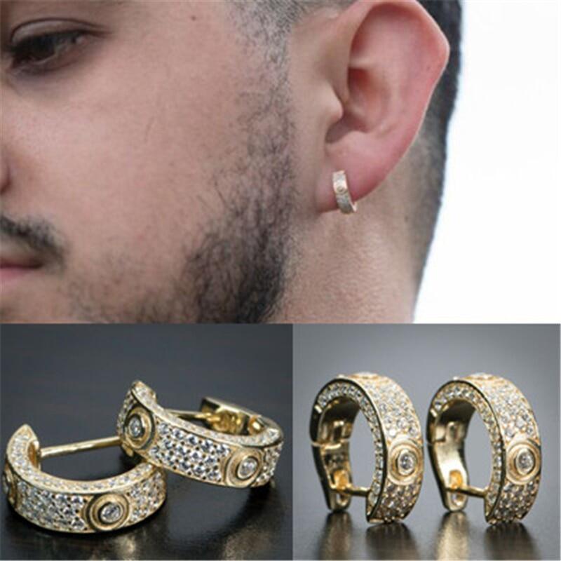 Set Anting Hoop Zircon Lapis Emas Gaya Hip Hop Kasual Untuk Pria