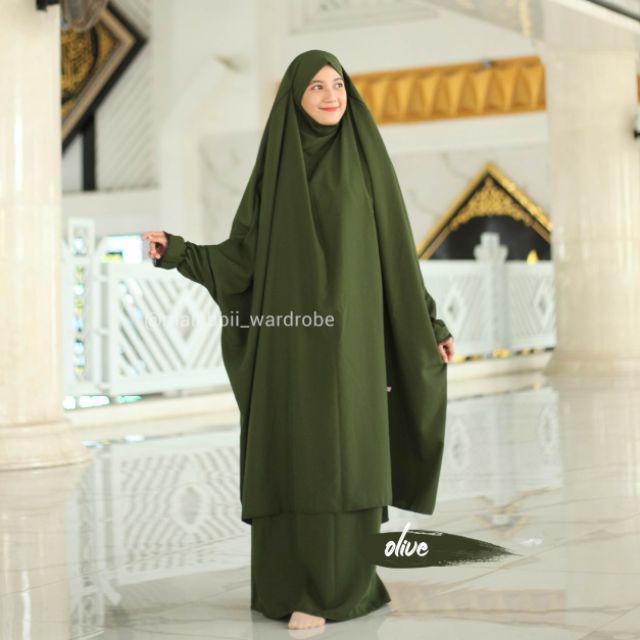 FRENCH KHIMAR . FRENCH KHIMAR RENDA . FRENCH KHIMAR MURAH SET BAHAN WOLFIS-Olive