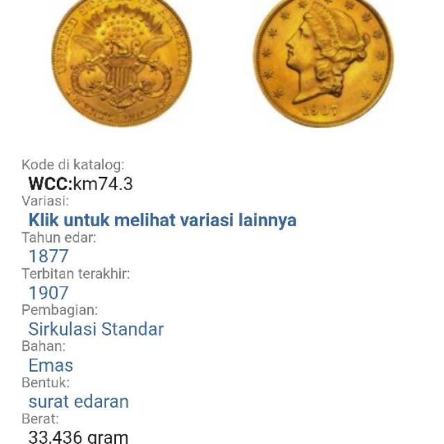 Koin Emas Kuno US$20 Tahun 1898