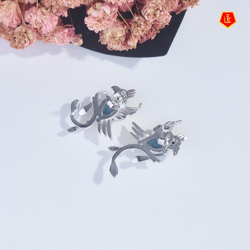 [Ready Stock]Creative Inlaid Sapphire Bird Branch Ear Studs