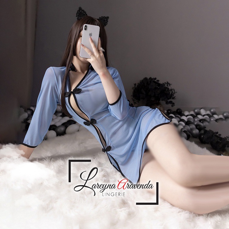 Set Lingerie + G String Seksi Model Costume Cheongsam Klasik Transparant Premium LG452