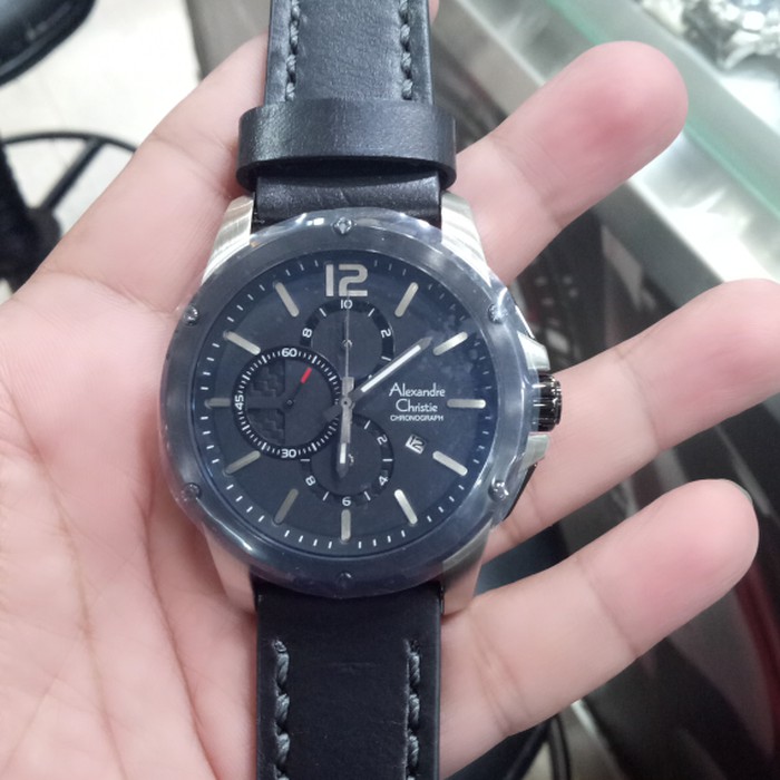 JUAL JAM TANGAN ASLI  ALEXANDRE CHRISTIE AC 6486 PRIA SILVER RING BLACK LEATHER BLACK ORI  I