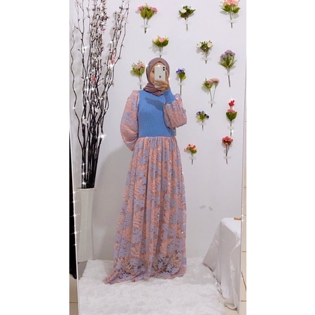 Dress gamis brukat lace bunga bunga mix rajut knit premium import bangkok bkk