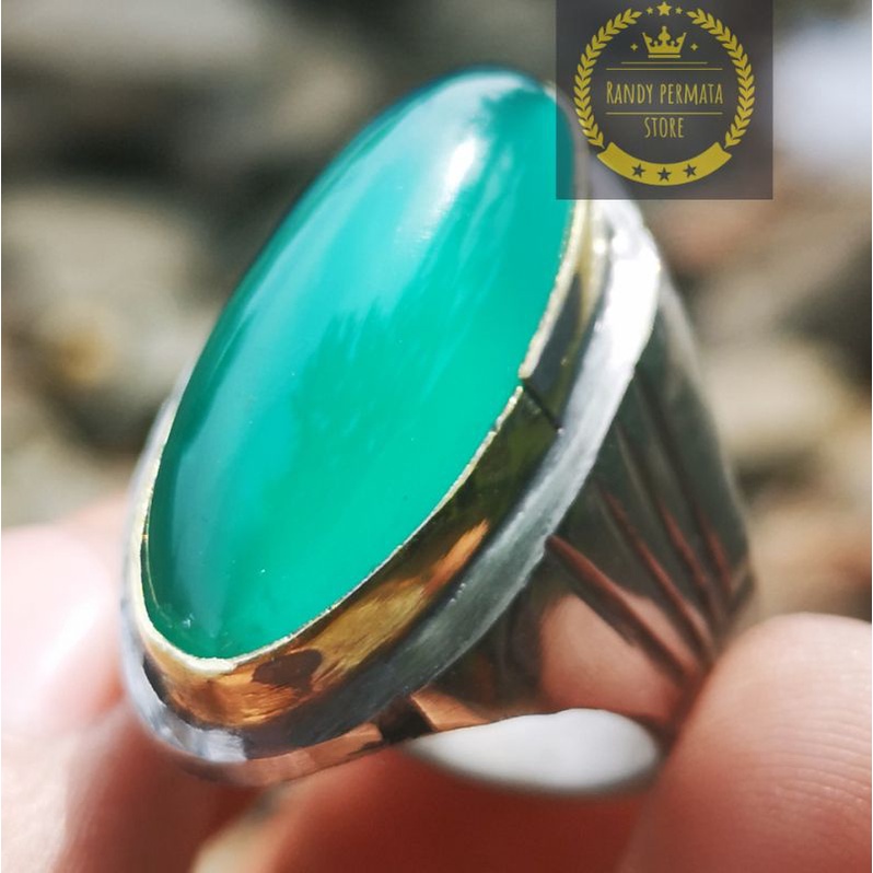 Batu Akik Natural Green Chalsedony Hijau Garut Model Pandan Ring Stainless