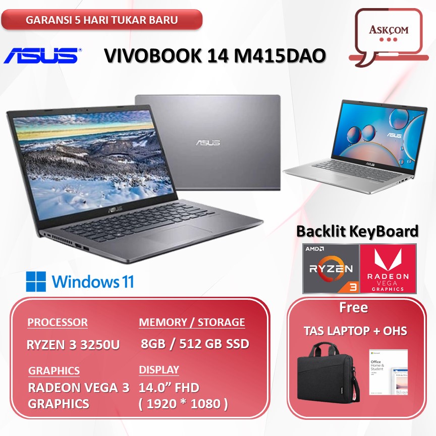 Laptop Asus VivoBook 14 M415DAO FHD35 RYZEN 3 3250 16GB 512SSD VEGA3 14.0FHD Win11+OHS 2021