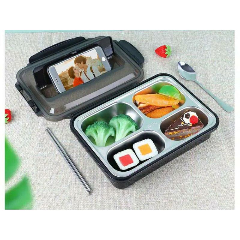 Laristerus79 KOTAK MAKAN 304 HITAM steinless 4 sekat penghangat makanan stand hp