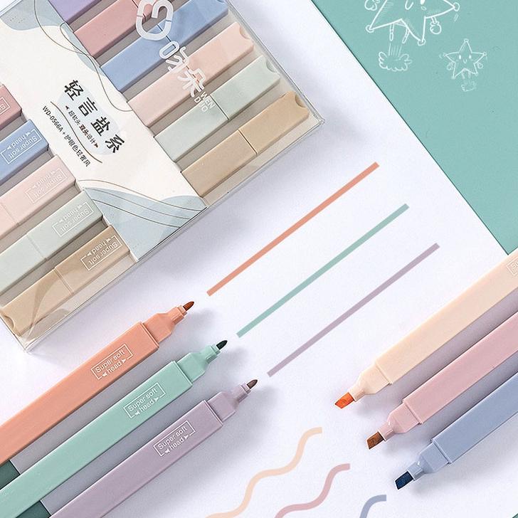 

(SALE) 6 PCS Macaron Double Tip Highlighter Pens Art Marker Kawaii Candy Color Manga Colored Pen Soft Tip Stationery Student Supplies