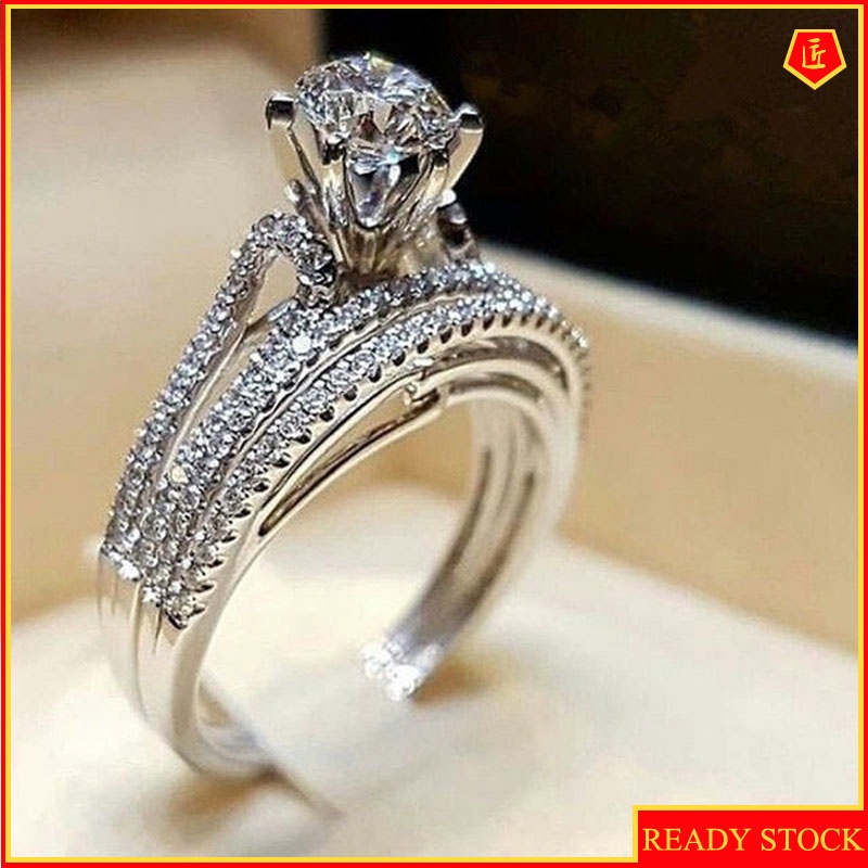 [Ready Stock]925 Silver Diamond Ring Set Luxurious and Simple