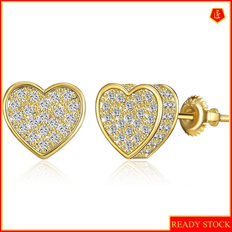 [Ready Stock]18K Gold Micro-Inlaid Diamond Heart-Shaped Ear Studs