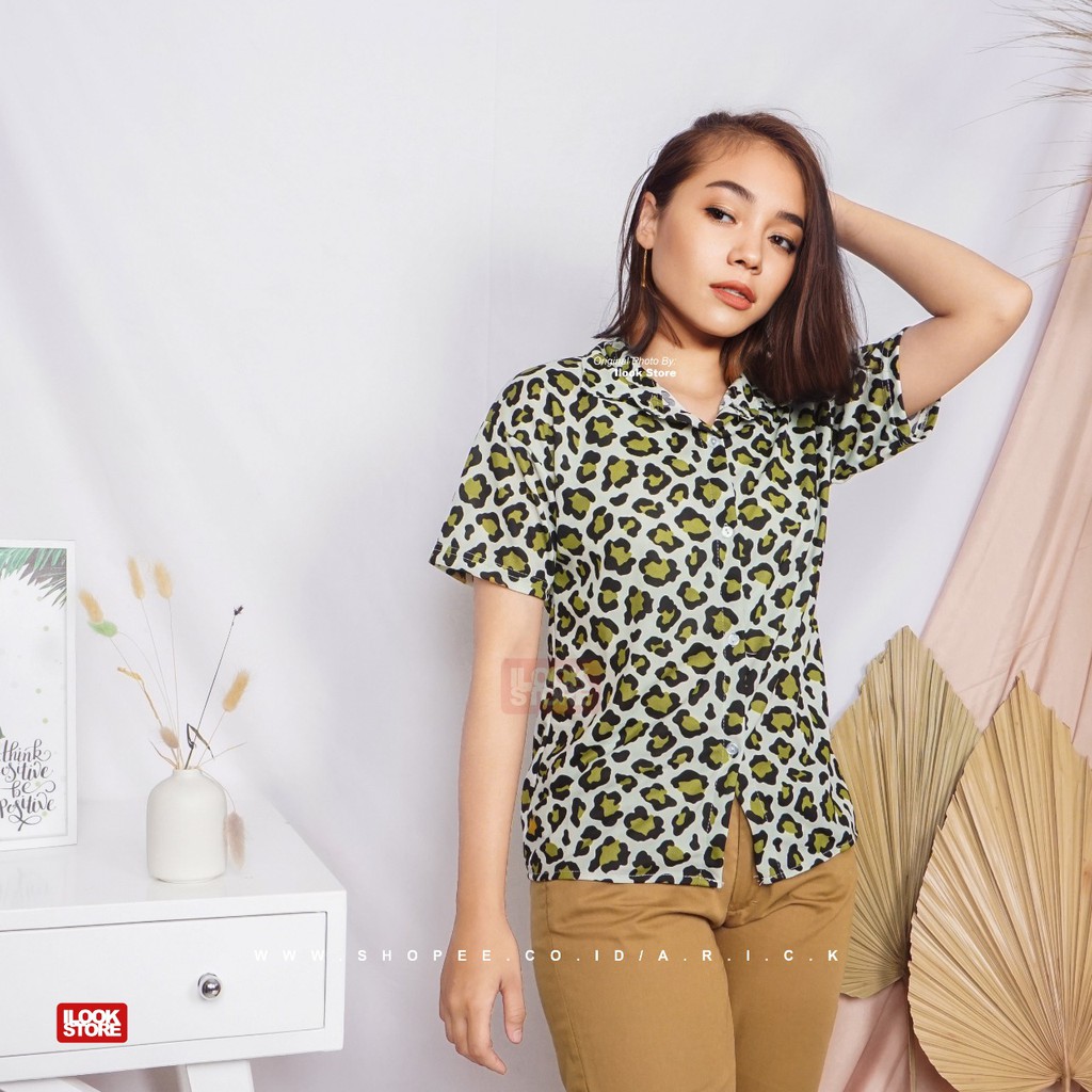 ilook | Kemeja Cute Leopard | Kem Cute Leo | Kemeja Wanita Bahan Creap-HIJAU