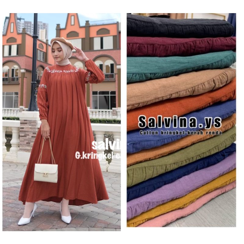 Gamis salvina ys ORI  bordir dada ,bordir lengan tangan balon