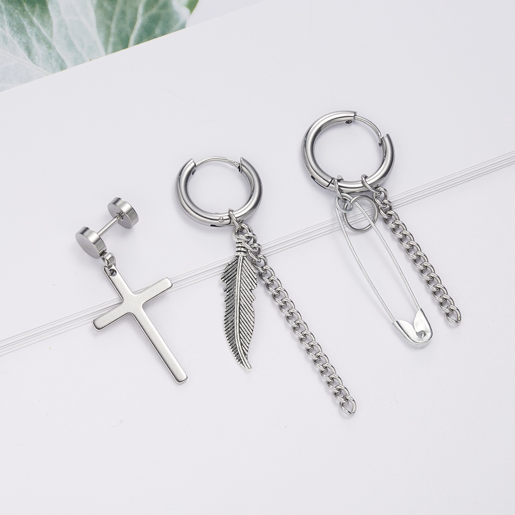 38 Styles Korean Fashion Cross Leaf Cone Single Steel Color Stainless Steel Men's Ear Clip Earrings Hip Hop Punk Rock Jewelry Non-pierced Stud Earrings Accessories