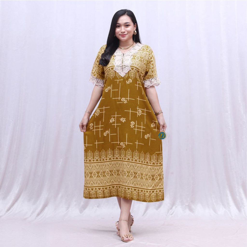 Daster Batik Modern Kekinian Resleting Depan Lengan Pendek Kombinasi Brukat Amelia Dress