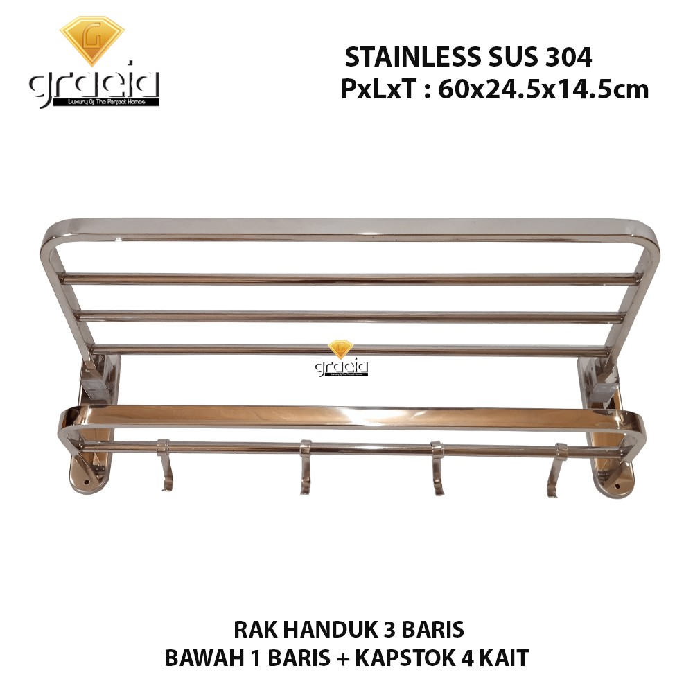 Rak Handuk / Gantungan Baju Handuk Stainless Steel SUS 304 Original 4 Baris