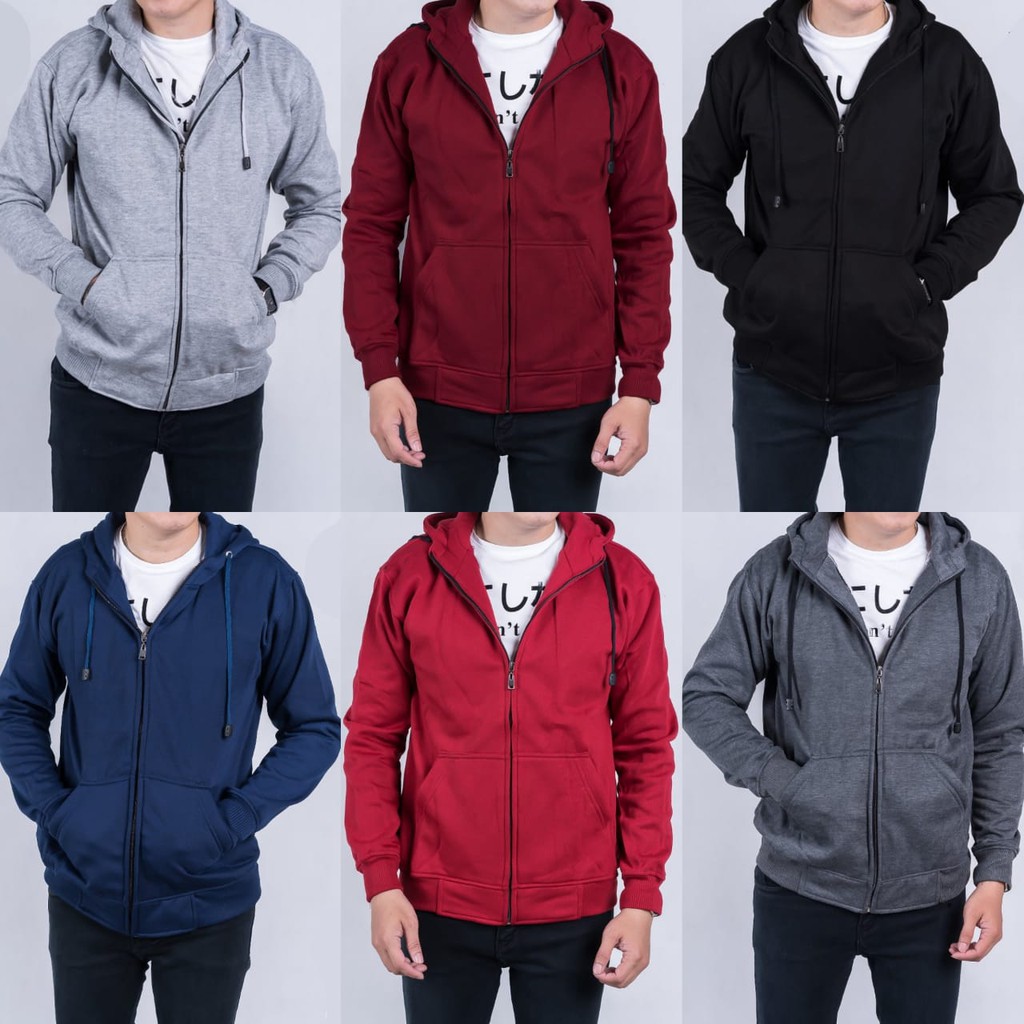 Jaket Hoodie Resleting Polos Pria Cowok Hitam Biru Merah Maroon Abu Coklat Aneka Warna