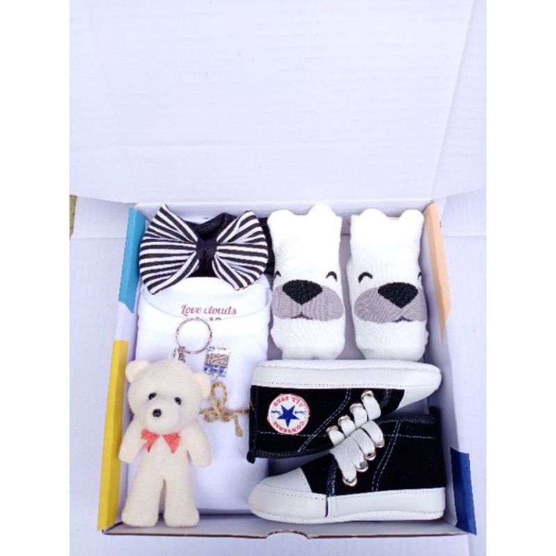Hampers Bayi Newborn Baby Gift Set Unisex Kado Kelahiran Parcel Bayi Laki-laki Perempuan + Extra Kardus-Prem HitamPutih Pita