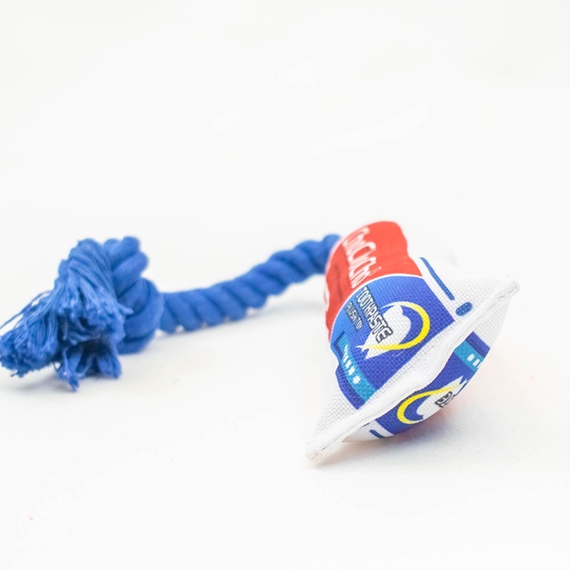 Chocho dog toothpaste squeaky toy with rope