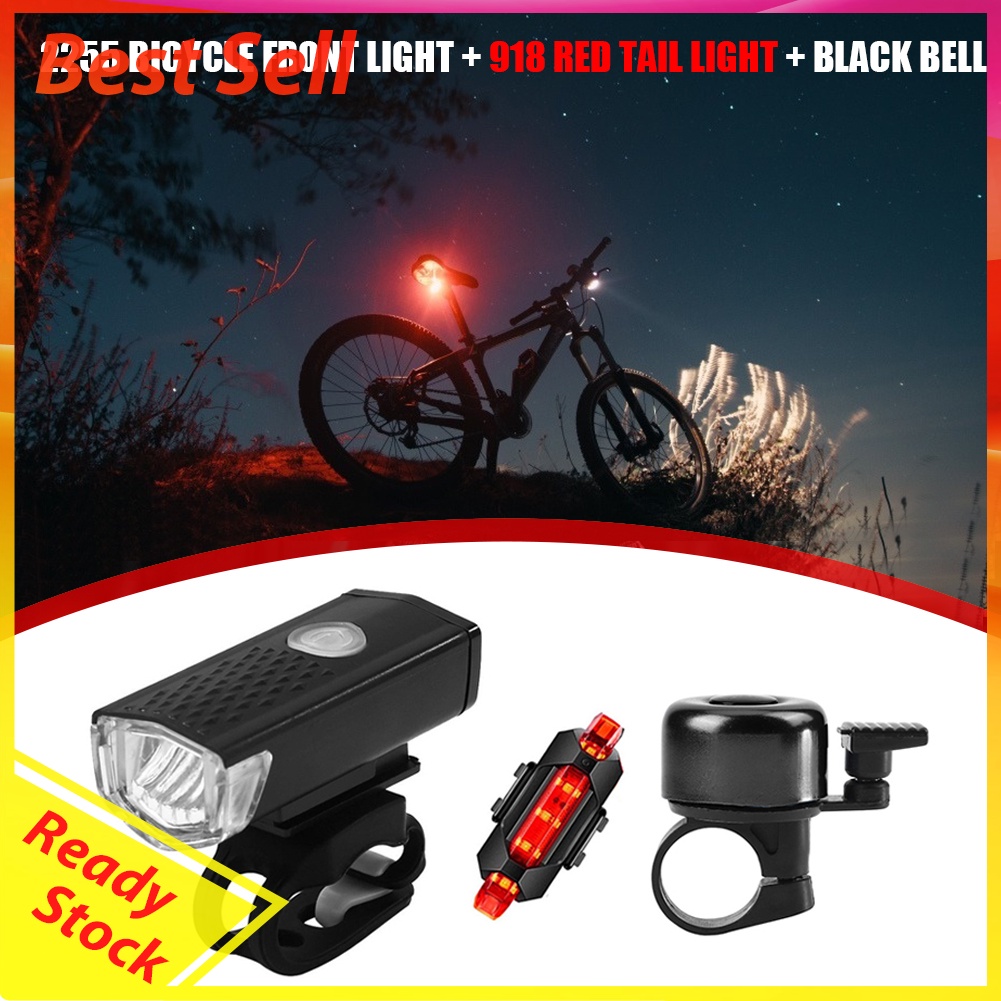 USB Rechargeable MTB Bike LED Light Set w/ Bell Waterproof Safety Warning