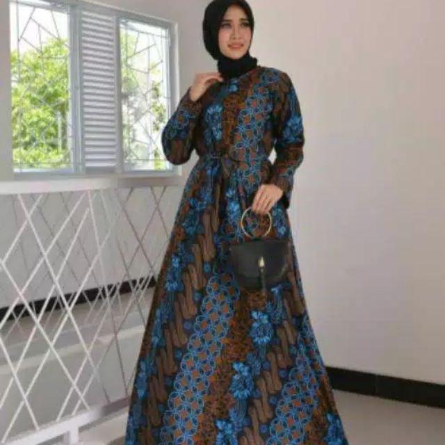 Batik couple keluarga sania ruffle ori ndoro jowi | motif seno biru-Gamis